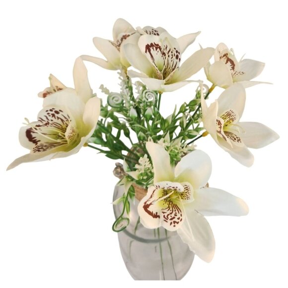 White Orchid Artificial Flowers with Greenery 6 Stem Bundle Faux Silk Wedding Fl - Picture 9 of 16